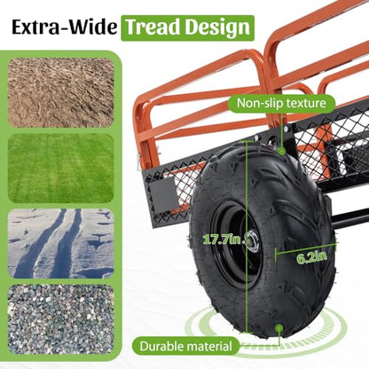 1500LBS Capacity 15 Cubic Feet Dump Cart Trailer, Heavy Duty Tow Behind Hauling & Dumping Wagon for ATV, UTV, Lawn Tractor and Garden Use - color: New1500lbs+orange + Metal