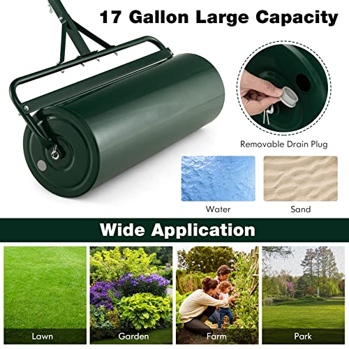 Goplus Push/Tow-Behind Lawn Roller, 17 Gallon/63L Water/Sand-Filled Sod Drum With Detachable Gripping Handle, 12 by 36-Inch, Green - for Garden, Yard, Farm - color: Green, size: 12 by 36-Inch