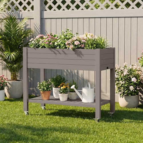 Raised Garden Bed with Shelf, Rolling Resin Planter Box, Gray - color: Gray, size: 33.7" H