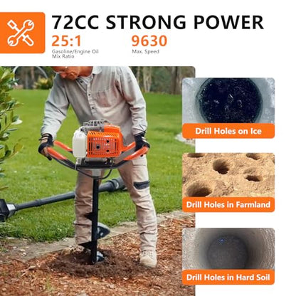 72CC Post Hole Digger Gas Powered, 2 Stroke Auger with 6" & 8" Bits - color: Orange 72cc+2 Auger(6"/8")