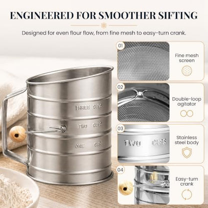 Bellemain Stainless Steel Flour Sifter for Baking with Hand Crank - 3 Cup - size: 3 Cup