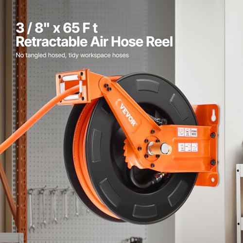 VEVOR Retractable Air Hose Reel with Double Arms, 3/8 IN x 65FT Hybrid Air Hose Max 300PSI, Air Compressor Hose Reel with 5FT Lead in, Ceiling/Wall Mount Heavy Duty Steel Reel for Workshop Garage - size: 3/8 in x 65 ft