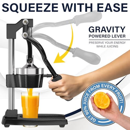 Eurolux Ultra-Premium Cast Iron Juicer | Extra-Large, Heavy Duty, Commercial Grade, Stainless Steel Manual Hand Press Citrus Squeezer For Fresh Orange Juice, Pomegranate, Lemon, and Much More (Black) - color: Black