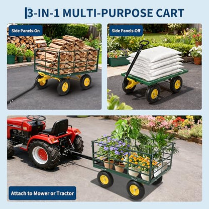 1500 lbs Heavy Duty Steel Garden Cart – 13-Inch All-Terrain Wheels, Removable Mesh Sides, Swivel Handle – Multipurpose Yard Wagon for Lawn, Farm, Tools, Firewood – Dark Green, Yellow Hubs, - color: Green