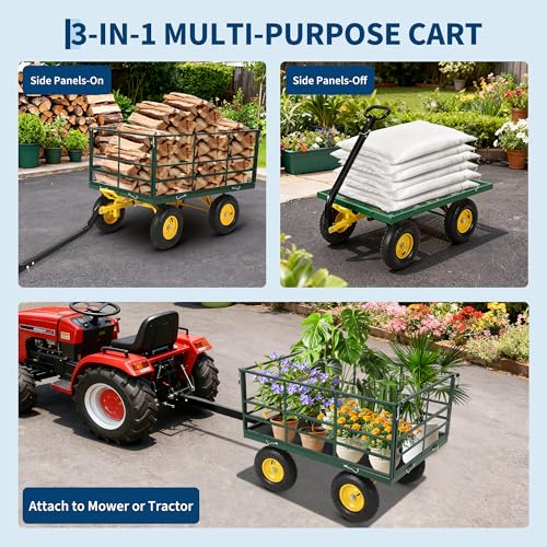 Patikuin Heavy Duty Steel Garden Cart, 1500 Lbs Capacity 3-in-1 Utility Wagon, 13" All-Terrain Wheels, Removable Side Panels, Towable Trailer for Lawn, Yard, Farm, Tools, Firewood, Green - color: Green