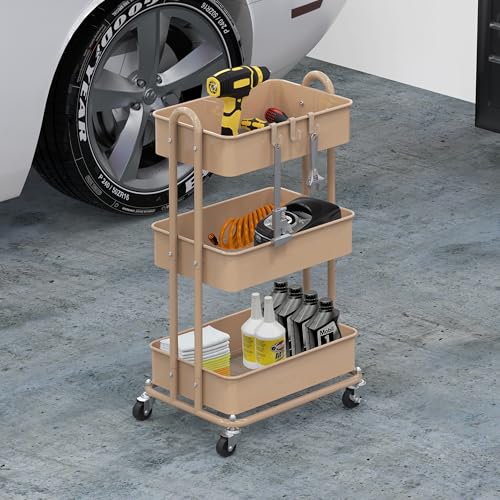 Simple Houseware 3-Tier Heavy Duty Metal Utility Rolling Cart, Khaki - color: Chrome