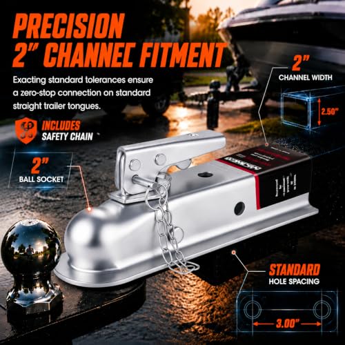NBJINGYI Straight Trailer Coupler 2" Ball 2" Channel Width 3500 LBS - size: BALL 2", CHANNEL 2" 3500LBS with Chain