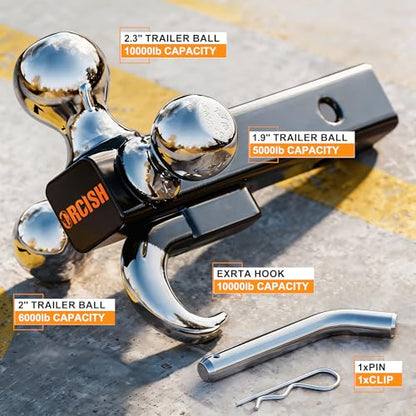 ORCISH Tri-Ball Trailer Hitch Mount with Tow Hook & Pin for 2" Receiver - color: 2"-Standard-Chrome