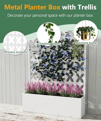 2PCS Metal Planter Box with Trellis,70.9"x47.2"x15.7" Raised Garden Bed with Drainage Holes, Privacy Planters for Outdoor Garden Bed for Climbing Plants,Vegetables,and Vines, White-X - color: White