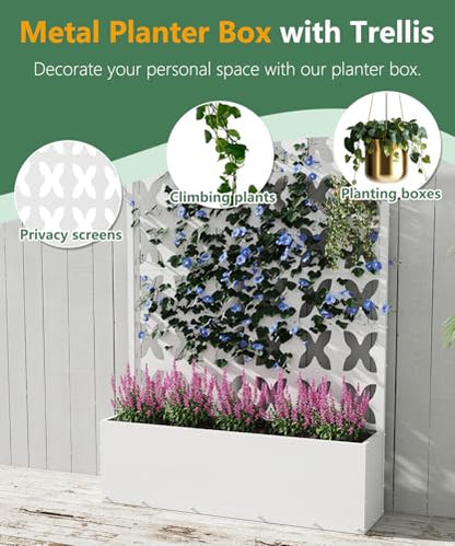 2PCS Metal Planter Box with Trellis,70.9"x47.2"x15.7" Raised Garden Bed with Drainage Holes, Privacy Planters for Outdoor Garden Bed for Climbing Plants,Vegetables,and Vines, White-X - color: White