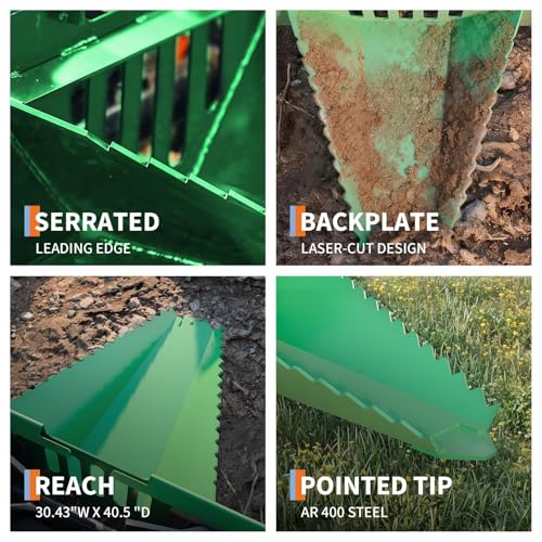 Heavy Duty Stump Bucket for Skid Steer Quick Attach, AR400 Serrated Edge Tree Scoop Digger, Tractor Loader Attachment for Root Removal, Green
