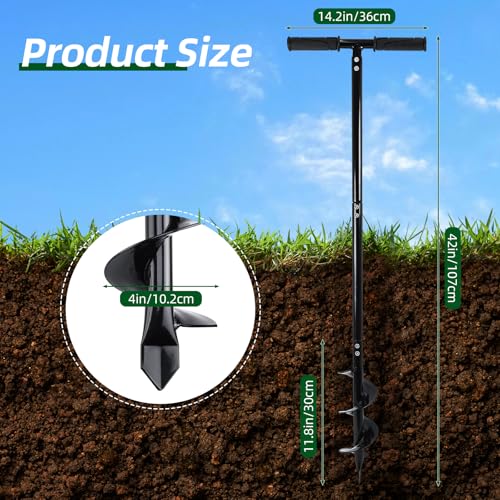 2 in 1 Hand Drill Auger Post Hole Digger, 4" x 42" Manual Garden Spiral Drill with T Shaped Handle for Digging Planting Bulb Bedding