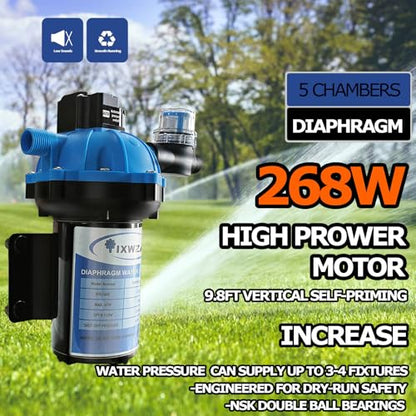 12V DC RV Fresh Water Pump, 7.0GPM 75PSI, Five Chamber Self-Priming Diaphragm Pump with Heavy-Duty Pressure Switch and Filter, Ideal for RVs, Yachts, Farmland, and Garden Irrigation, Camping
