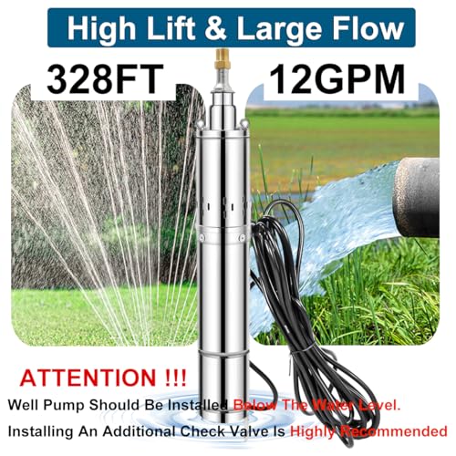 Deep Well Submersible Pump, 110V 1HP Deep Well Pump Submersible Water Pump for Industrial Irrigation and Home,328FT Lift, 12GPM, Screw Water Pump - size: 4"-110V