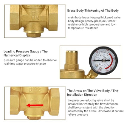 LiebeWH Water Pressure Regulator 1 Inch Brass Pressure Reducing Valve Adjustable for RV Household Water Systems