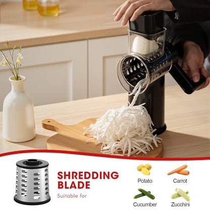 Rotary Cheese Grater Hand Crank with Foldable Handle, Three Blades - color: Black