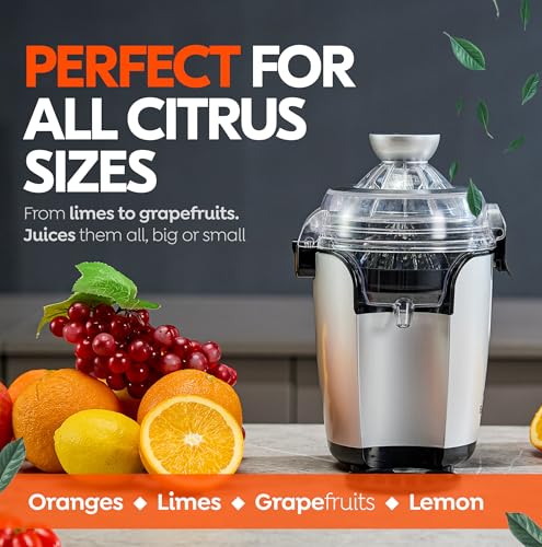 Eurolux Hands-Free Electric Citrus Juicer Machine, Orange Lime Grapefruit Lemon Squeezer, Easy to Clean. - color: Silver