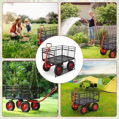 Heavy-Duty Garden Utility Cart, 1400 Lb Load Capacity Wagon with Removable Mesh Sides, 10-Inch Wheels and Swivel Handle for Outdoor Use