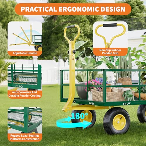 Heavy Duty Steel Garden Cart,with 10" Multi-Terrain Tires & 180° Swivel Handle, 4 Removable Mesh Sides,1200 lbs Capacity Utility Wagon for Lawn, Yard, Farm,Green Yellow - size: 1200LBS Green Yellow