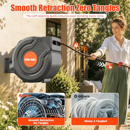 100FT Retractable Garden Hose Reel 5/8 Inch Heavy Duty Wall Mounted Retractable Hose Reel with 9-Pattern Nozzle, 180° Swivel Auto Rewind, Any Length Lock Water Hose Reel for Yard Garden Car Washing - size: 100ft 5/8inch