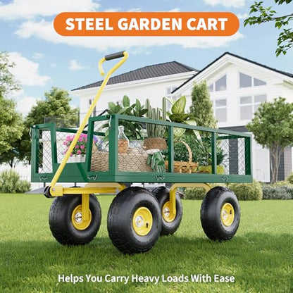 Heavy Duty Steel Garden Wagon Cart - 900 lbs Load - 2-in-1 Outdoor Utility Yard Cart - 10" All-Terrain Wheels - Removable Mesh Sides - 180° Rotating Handle - Collapsible Metal Lawn Trailer - size: 900 lbs