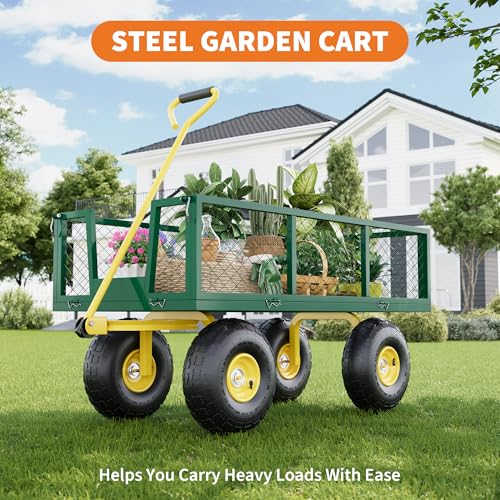 Yard Cart 1200 LBS Capacity, 10" Pneumatic Tires & Convertible Flatbed, Heavy Duty Steel Garden Utility Wagon for Lawn, Farm, Construction, Hauling Soil, Mulch, Firewood - color: Green Yellow, size: 1200LBS