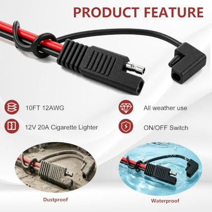 SAE Cigarette Lighter Cable Wire Harness with Switch 10FT 12AWG for Sprayer - color: Black-12AWG