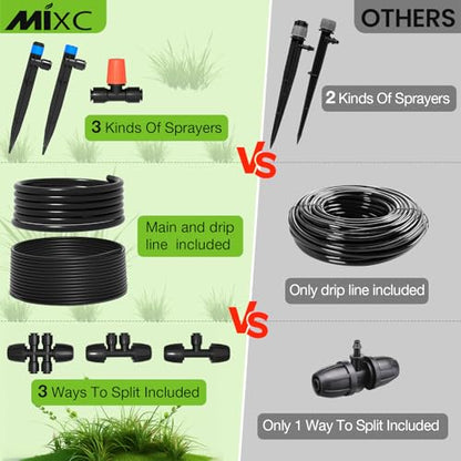 MIXC Greenhouse Micro Drip Irrigation Kit Automatic Irrigation System Patio Misting Plant Watering System with 1/4 inch 1/2 inch Irrigation Tubing Hose Adjustable Nozzle Emitters Barbed Fittings - size: (Upgraded) 26FT Main Tube+75FT 1/4'' Tube