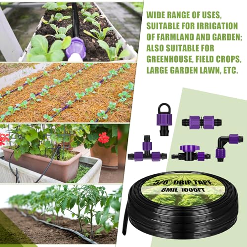 Tondiamo 1000' 5/8 Inch Drip Tape Irrigation Tubing Kit 16 Mil 6" Spacing Garden Hose Watering Tube Line Automatic Equipment for Garden Irrigation System Farms, Landscape, Lawn - size: 1000',16 Mil