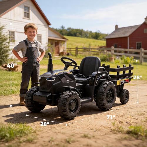 24V Kids Ride-On Tractor with Trailer, 400W Electric Farm Truck with Remote & Pedal Control, Headlights, USB MP3, Power Display, Adjustable Speeds, Safety Belt, Ride-On Toy Gift, Black - color: Black