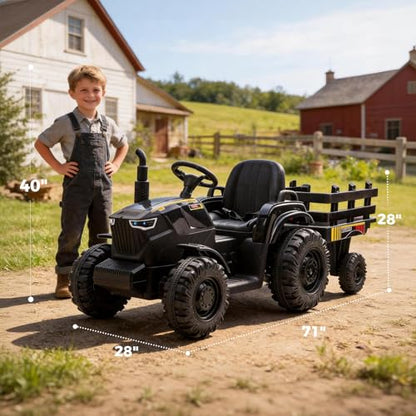 24V Kids Ride-On Tractor with Trailer, 400W Electric Farm Truck with Remote & Pedal Control, Headlights, USB MP3, Power Display, Adjustable Speeds, Safety Belt, Ride-On Toy Gift, Black - color: Black