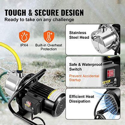 VEVOR Shallow Well Pump, 1.1 HP 115V, 978 GPH 131 ft Height, 40psi Max Pressure, Portable Stainless Steel Sprinkler Booster Jet Pumps for Garden Lawn Irrigation system, Lake Fountain, Water Transfer - style: 1.1 HP with Handle