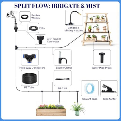 GOTGELIF 100FT Drip Irrigation Kit, with 25Pcs 360° Adjustable Nozzles, 5/16" Tubing, 30 T-connectors, Water-Saving System, Garden Watering Sprinkler for Greenhouse, Vegetable,Potted Plants, Lawn - size: 100FT+25 Nozzles
