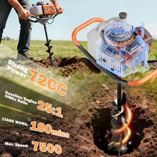 Upgraded 72CC Gas Auger w/ 3 Bits(4" 6" 8") & 3 Extenders(8" 12" 20") - size: 72cc+3 auger(4"6"8")+3 Ext(8"12"20")