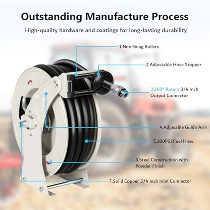 3/4" Diesel Fuel Hose Reel 50ft 300 PSI Retractable Heavy Duty Hose for Kerosene Spring Driven Auto Swivel Fuel Pump Transfer Hose with Nozzle Refueling for Service Truck Tank Boats Air Vehicle - size: #205-3/4" x 50ft, Silver