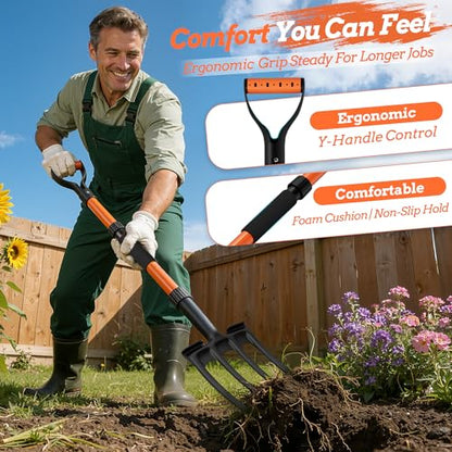 Garden Fork for Digging, 4-Tine Pitch Fork with Foot Step, Ergonomic Y-Handle & Comfortable Grip, Lightweight Durable Pitchfork for Soil Loosening, Compost, Mulch, Weeding & Potato Harvest - 43 Inches - size: 43-inchs