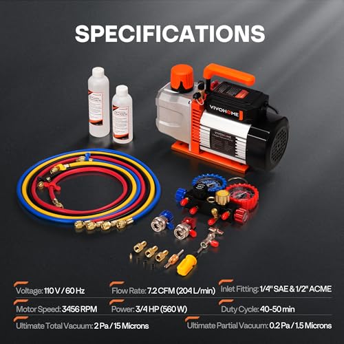 VIVOHOME VG Series 3/4 HP 7.2CFM 2 Stage AC Vacuum Pump and 4 Way Gauge Set - size: 7.2CFM