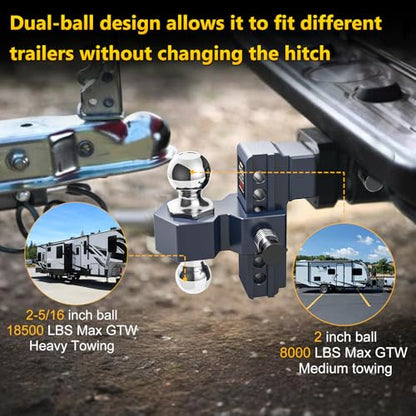 Adjustable Trailer Hitch, Drop Hitch for 2.5 Inch Receiver, 6 inch Aluminum Truck Hitch, 2 and 2-5/16 inch Balls, 18,500 LBS GTW,Bule Tow Hitches with Two Anti-Theft Locks