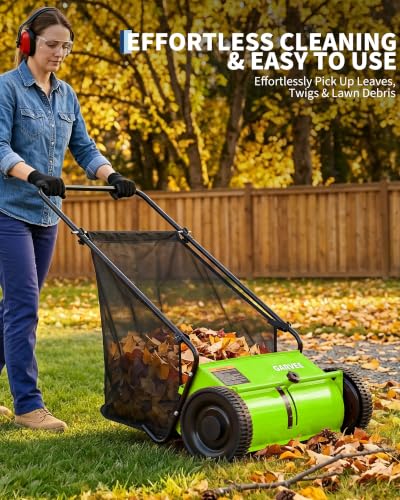 26" Push Lawn Sweeper, 7 Cu.Ft. Hopper, 3 V-Shaped Brushes, Height Adjustable - color: Green, size: 26in
