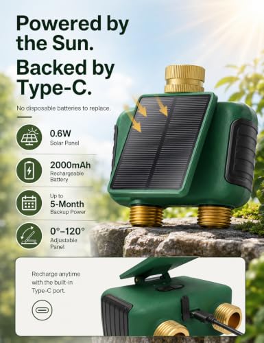 MOES Solar WiFi Hose Timer, 2-Zone Sprinkler Water Timer, Brass Fittings