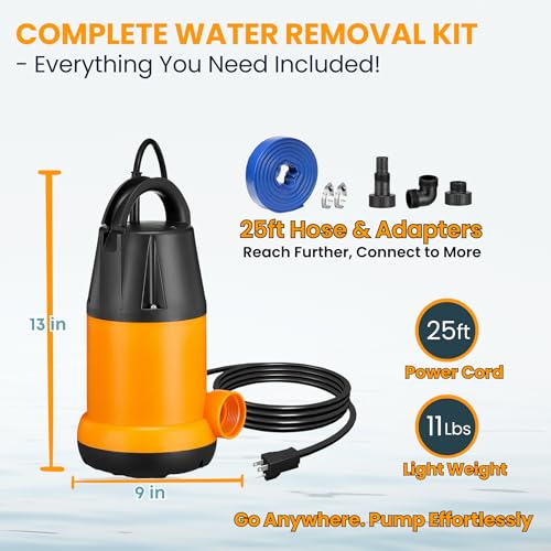 Sump Pump Submersible With 25Ft. Hose, Submersible Pump, 25Ft Cord, 4000GPH