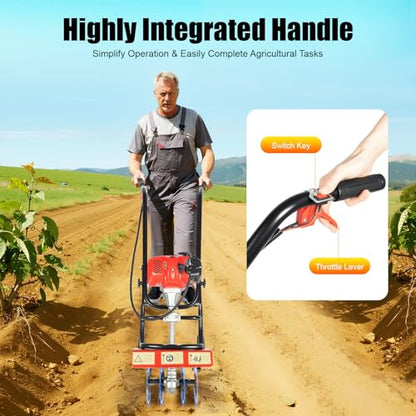 52CC 1900W Gas Powered Tiller, 2-Stroke Mini Hand Tiller with 14.17in Width, 6500-7000RPM Garden Cultivator for Soil Cultivation, Weed Removal, Small Farm, Backyard, Rotary Tiller