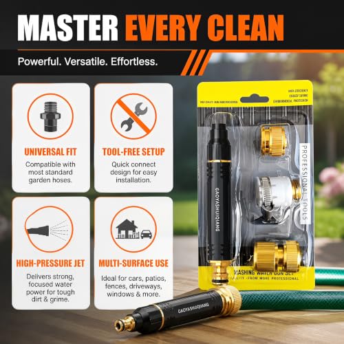 Adjustable High Pressure Water Sprayer Nozzle, Heavy Duty Brass Quick Connect Fittings Booster Hose Spray Head, Multipurpose for Car Washing, Garden Irrigation & Outdoor Surface Deep Cleaning