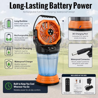 Roykaw Golf Cart Misting Fan with 2L Water Tank and 3 Mist Nozzles, 48+Hrs Long Runtime & Fast Cooling, 4 Powerful Wind Speed/LED Light, Cooling Outdoor Fan for Camping Golfing Fishing and Beach