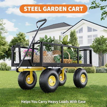 Yard Cart 1400 LBS Capacity, 10" Pneumatic Tires & Convertible Flatbed, Heavy Duty Steel Garden Utility Wagon for Lawn, Farm, Construction, Hauling Soil, Mulch, Firewood - color: Black Yellow, size: 1400LBS