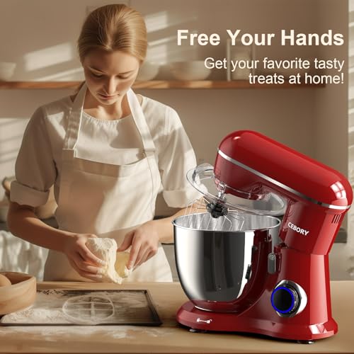 CEBORY 3-IN-1 Electric Stand Mixer, 6.5QT Bowl 660W 10-Speed Kitchen Mixer, Household Food Mixers include Dough Hook, Beater and Whisk, Bread Cake Mixer for Baking and Most Home Cooks, Red - color: Red