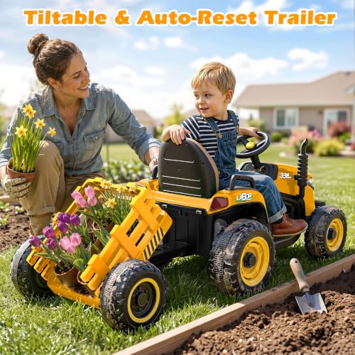 ARBELI 12V 7AH Kids Ride On Tractor w/Trailer & Remote Control, Yellow - color: Yellow