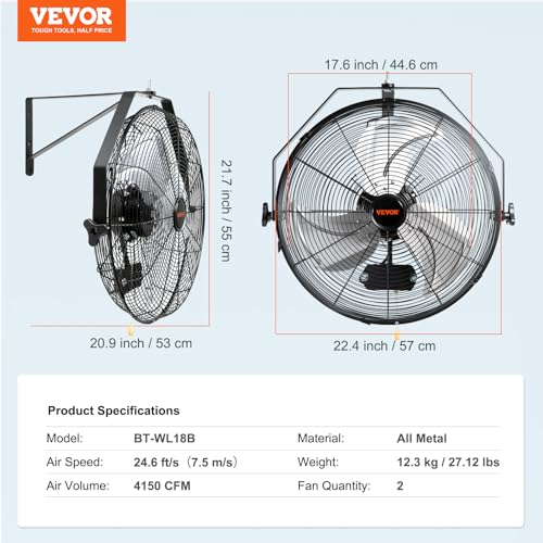 VEVOR 18 Inch Wall Mount Fan, Waterproof, 3-Speed, 4000 CFM, 2 Pack - size: 18 Inch 2 Pack, style: Waterproof