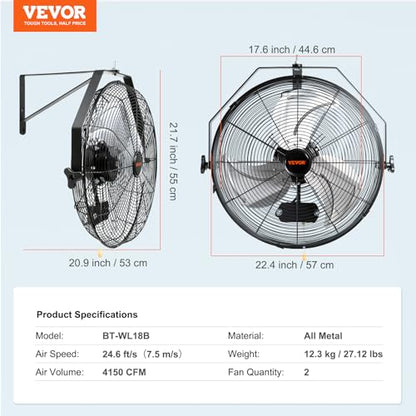 VEVOR 18 Inch Wall Mount Fan, Waterproof, 3-Speed, 4000 CFM, 2 Pack - size: 18 Inch 2 Pack, style: Waterproof