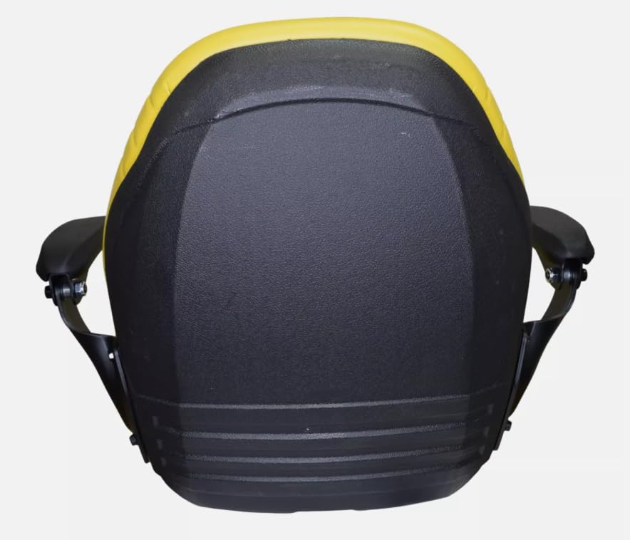 High Back Compact Tractor Seat Compatible with John Deere; Yellow Waterproof Vinyl; includes Flip-up Arm Rest and Drain Hole: Please check your bolt-hole patterns